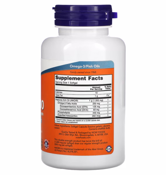 Boks med NOW Foods Neptune Krill Oil 1000 mg – 60 kapsler