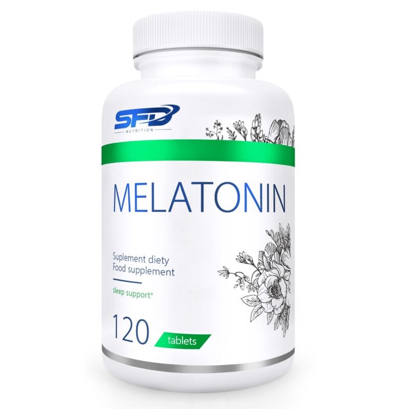 Bilde av produktet SFD Melatonin 1 mg i hvit plastboks med grønt design