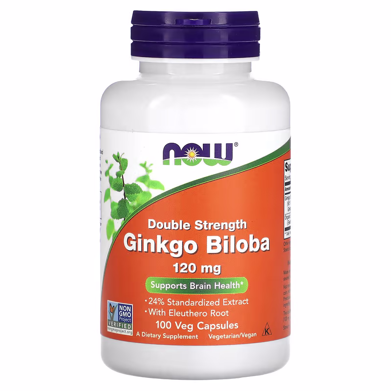 NOW Foods Ginkgo Biloba 120 mg med eleuthero – plantebasert kosttilskudd, 100 kapsler