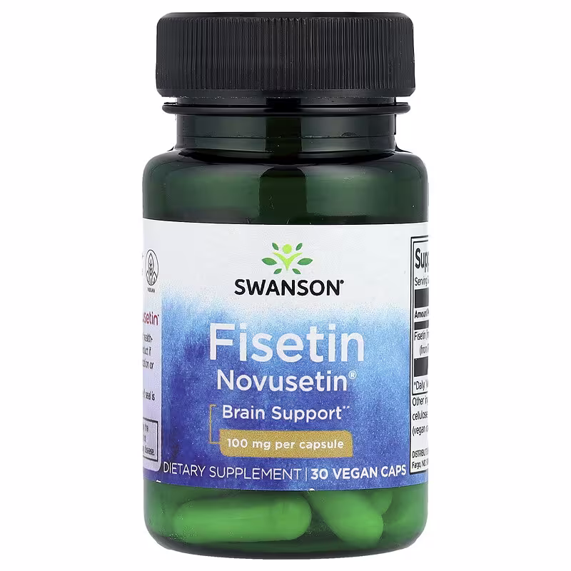 Swanson Fisetin 100 mg kapsler glass på hvit bakgrunn.