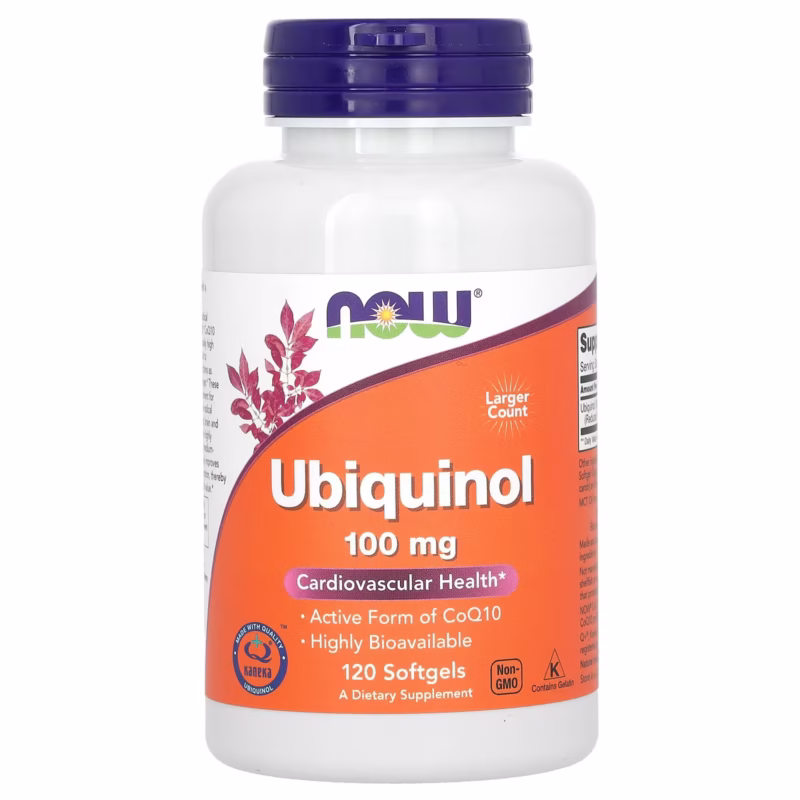 NOW Ubiquinol 100 mg softgels glass med Kaneka kvalitetsstempel, aktiv form av Q10 for bedre opptak.