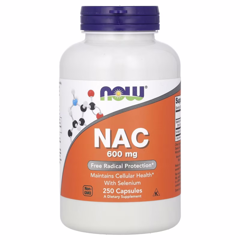NOW Foods NAC 600 mg 250 kapsler boks foran hvit bakgrunn