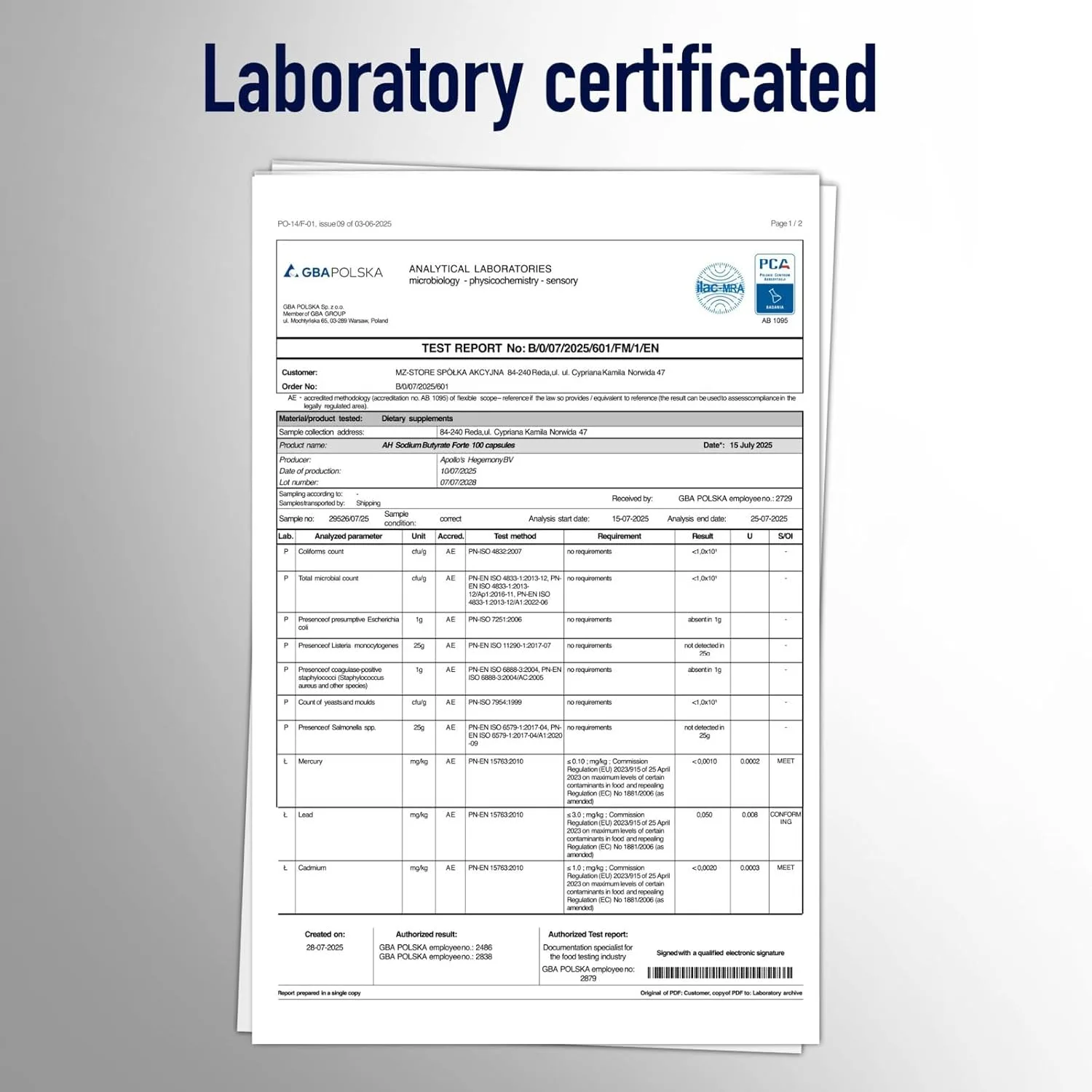 Laboratorietest fra GBA Polska som bekrefter renhet og fravær av tungmetaller for Natriumbutyrat Forte