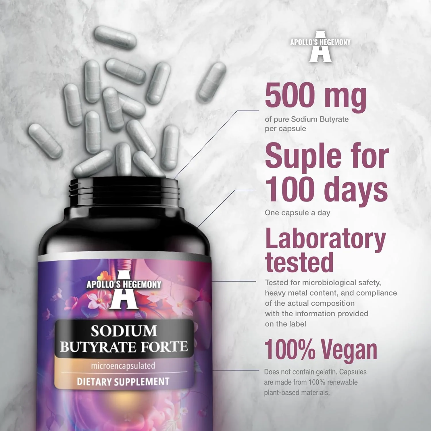 Åpen boks med Natriumbutyrat Forte kapsler - 500 mg ren smørsyre, vegansk og laboratorietestet