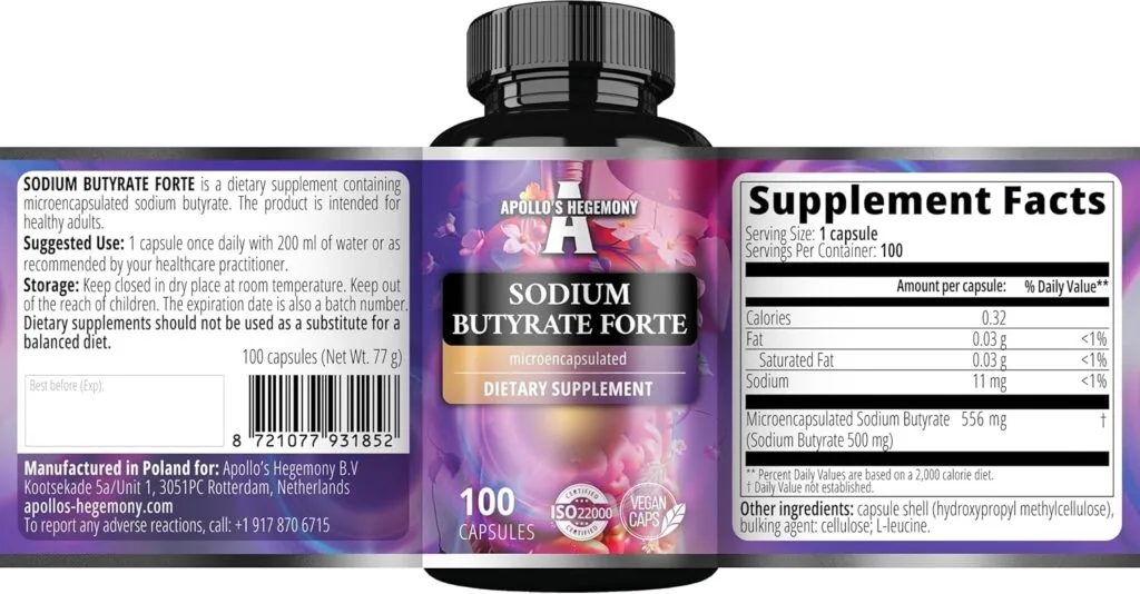 Etikett med næringsinnhold og dosering for Natriumbutyrat Forte 556 mg mikrokapslet smørsyre