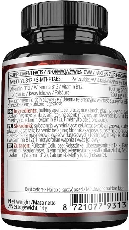 Næringsinnhold for Metylert B12 og 5-MTHF tabletter med metylkobalamin