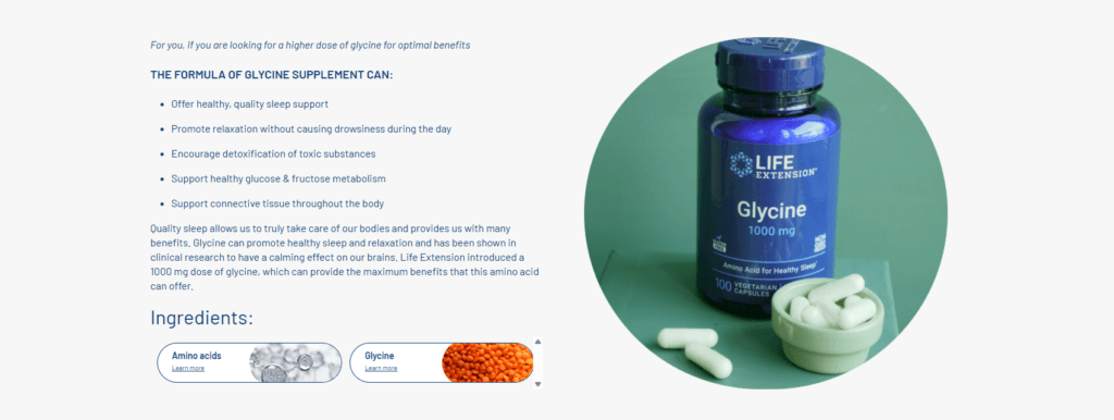 Næringsinnhold og dosering for Life Extension Glycintilskudd