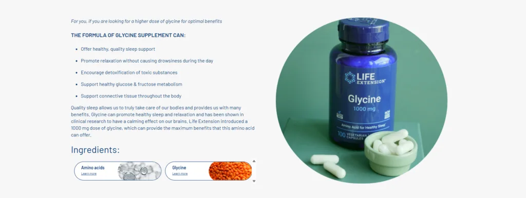 Næringsinnhold og dosering for Life Extension Glycintilskudd