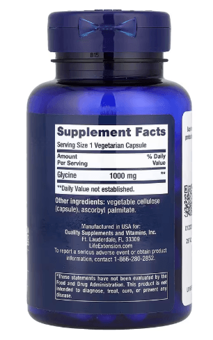 Næringsinnhold og ingrediensliste på baksiden av Life Extension Glycin 1000 mg kapsler