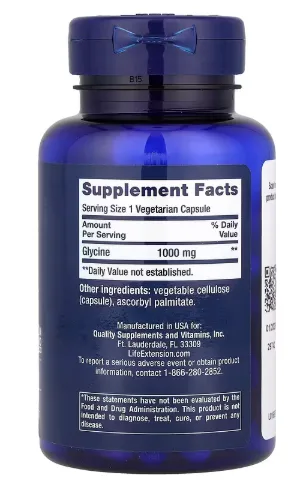 Næringsinnhold og ingrediensliste på baksiden av Life Extension Glycin 1000 mg kapsler
