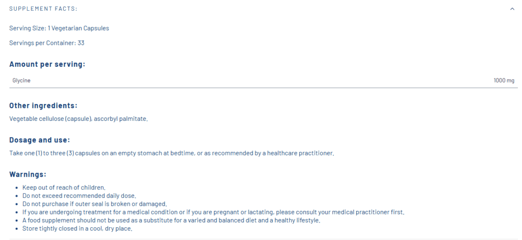Næringsinnhold og ingredienser for Life Extension Glycintilskudd