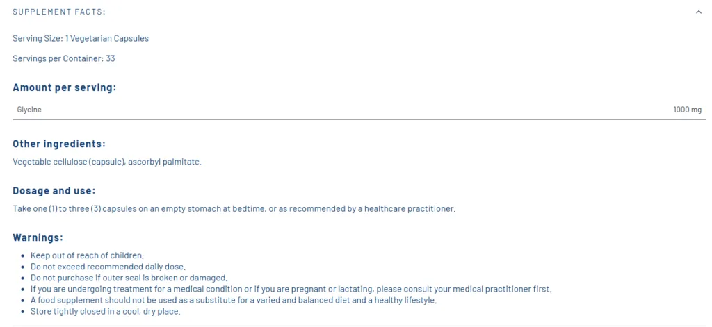 Næringsinnhold og ingredienser for Life Extension Glycintilskudd