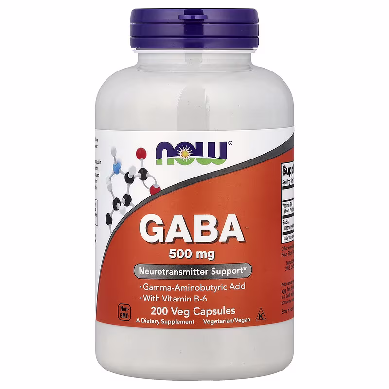 NOW Foods GABA 500 mg med vitamin B-6 – 200 veganske kapsler pharma-grade