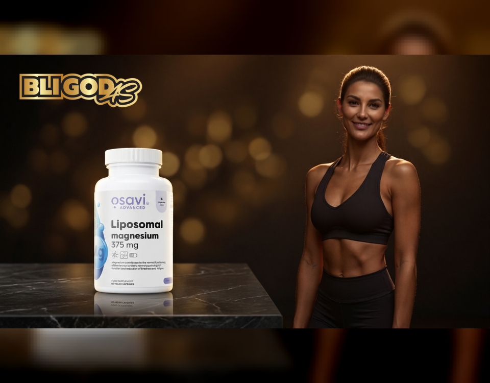 Bli God magnesium – atletisk kvinne med liposomal magnesium 375 mg kosttilskudd pa mork premium bakgrunn med gull