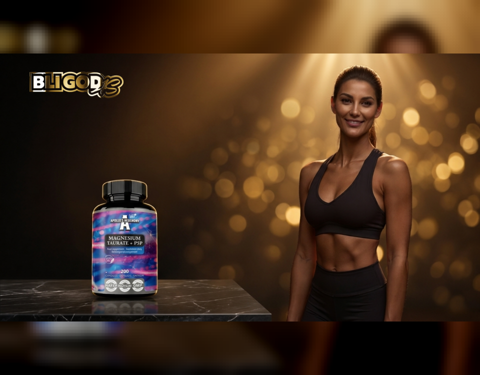 Bli God magnesium glysinat – atletisk kvinne med Apollos Hegemony Magnesium Taurate kosttilskudd pa mork premium bakgrunn med gull