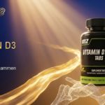 Vitamin D3 og K2 banner — gyllen lysstrale mot mineralstrom
