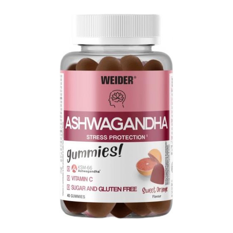 Weider Ashwagandha Gummies søt appelsin 40 stk – forside av boksen