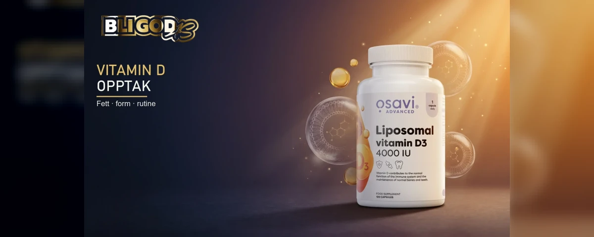 Osavi Liposomal vitamin D3 med illustrerte liposomer og teksten «Vitamin D – opptak».