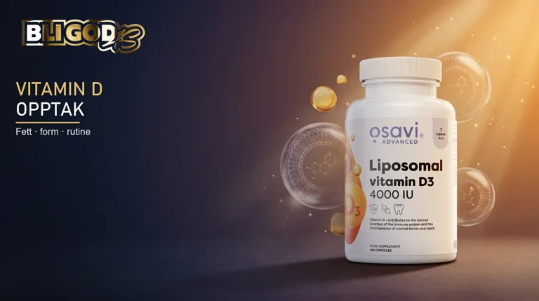 Osavi Liposomal vitamin D3 med illustrerte liposomer og teksten «Vitamin D – opptak».