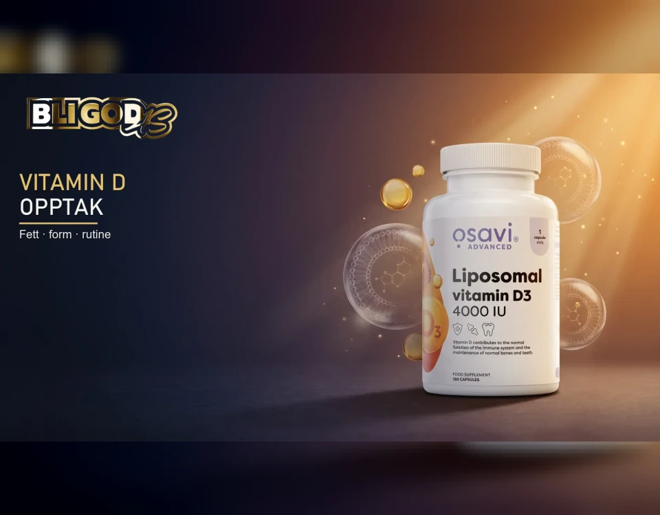 Osavi Liposomal vitamin D3 med illustrerte liposomer og teksten «Vitamin D – opptak».