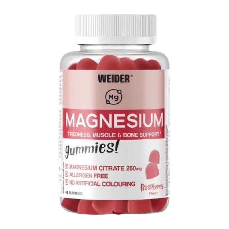 Weider Magnesium Gummies bringebær 48 stk – forside av boksen