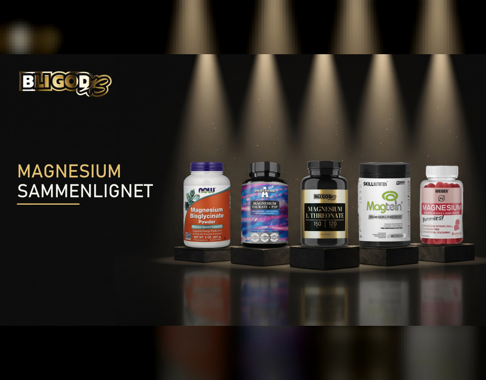 Fem magnesiumtilskudd side om side – sammenligning av former og innhold