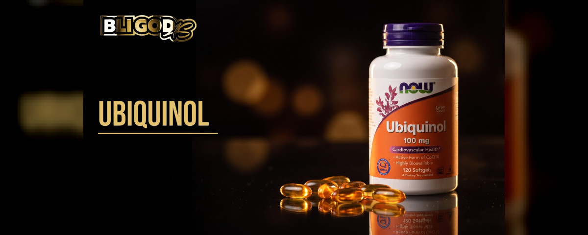 Bloggbanner fra Bli God med teksten «Ubiquinol»: boks med Kaneka ubiquinol 100 mg og gylne softgels på mørkt røykglass