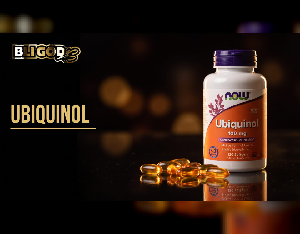 Bloggbanner fra Bli God med teksten «Ubiquinol»: boks med Kaneka ubiquinol 100 mg og gylne softgels på mørkt røykglass