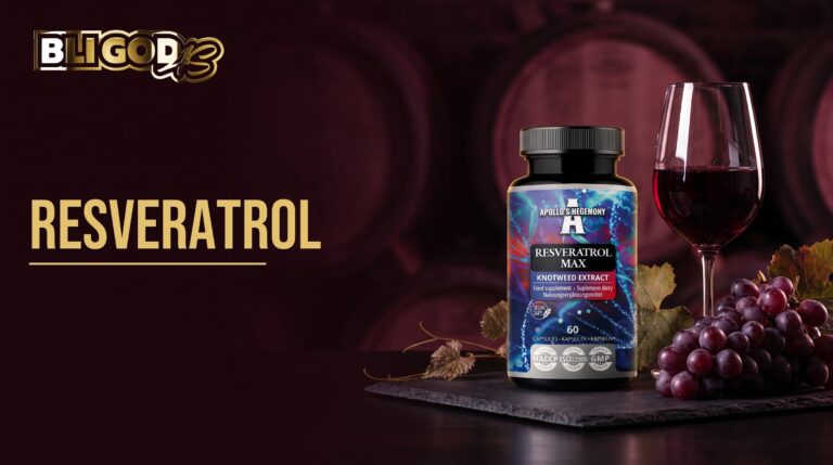 Bloggbanner fra Bli God med teksten «Resveratrol»: boks med trans-resveratrol 500 mg ved et glass rødvin og røde druer i en vinkjeller