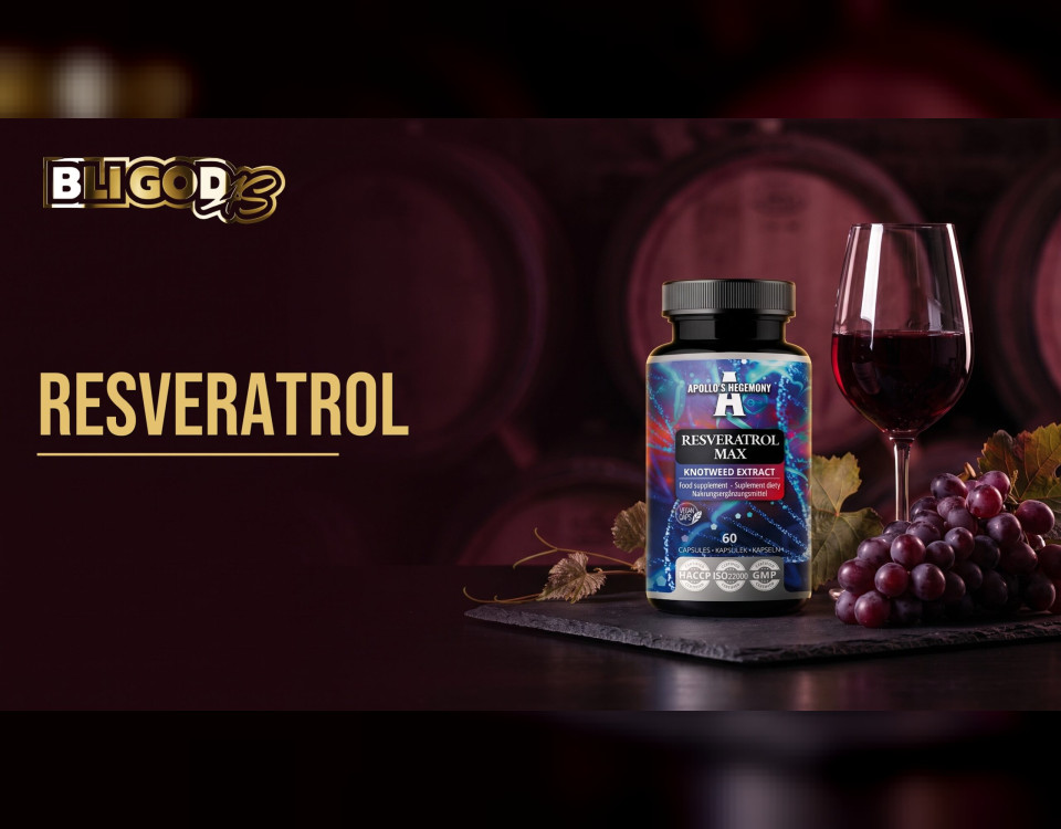 Bloggbanner fra Bli God med teksten «Resveratrol»: boks med trans-resveratrol 500 mg ved et glass rødvin og røde druer i en vinkjeller