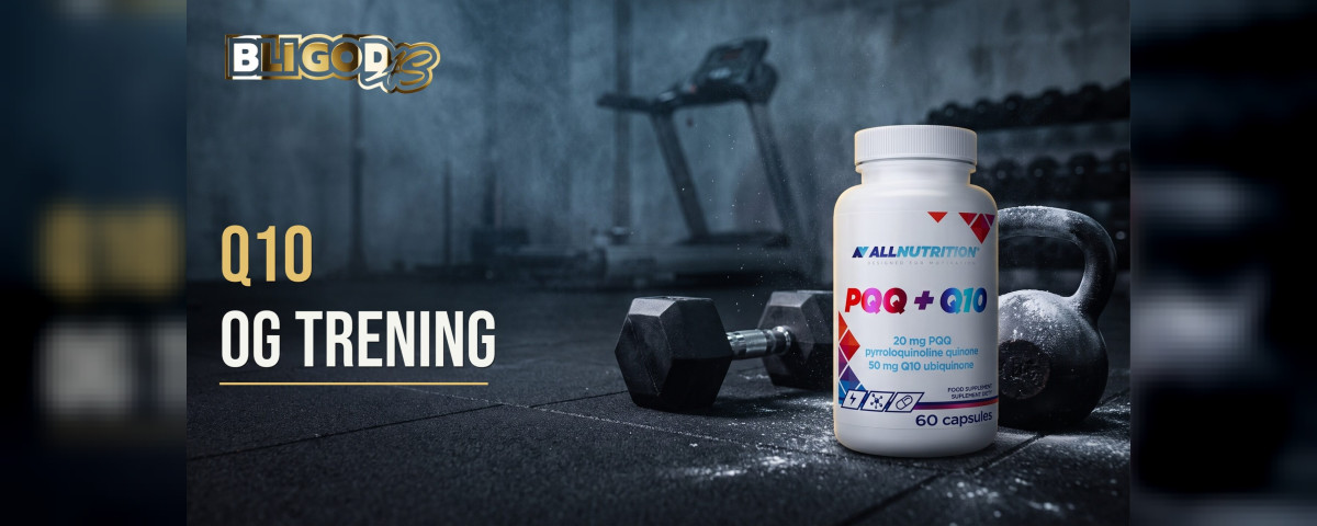 Bloggbanner fra Bli God med teksten «Q10 og trening»: boks med PQQ og Q10 på gummigulv i et treningsstudio ved siden av manual og kettlebell