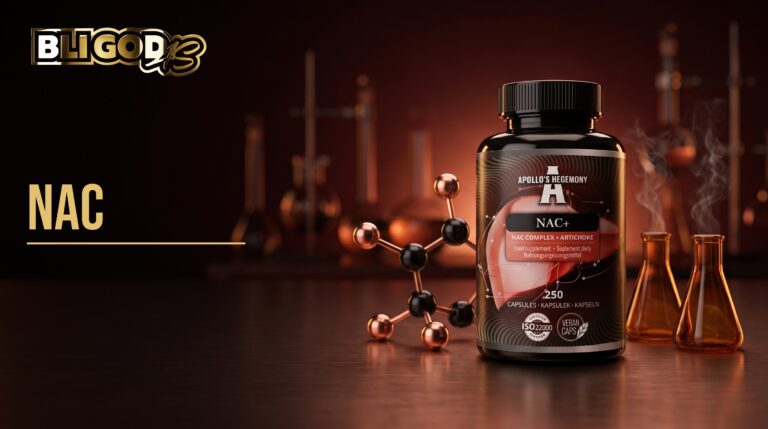 Bloggbanner fra Bli God med teksten «NAC»: boks med NAC 500 mg med artisjokk på en mørk laboratoriebenk ved en molekylmodell og to ravgule glasskolber i kobberfarget lys