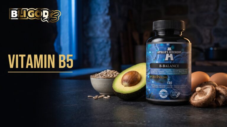Bloggbanner fra Bli God med teksten «Vitamin B5»: boks med vitamin B-kompleks på en mørk kjøkkenbenk med avokado, egg, sjiitakesopp og solsikkefrø