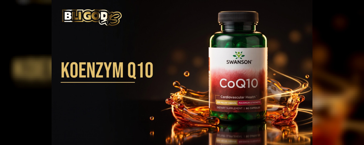 Bloggbanner fra Bli God med teksten «Koenzym Q10»: boks med Koenzym Q10 200 mg på et blankt, mørkt underlag med virvler av ravgul væske