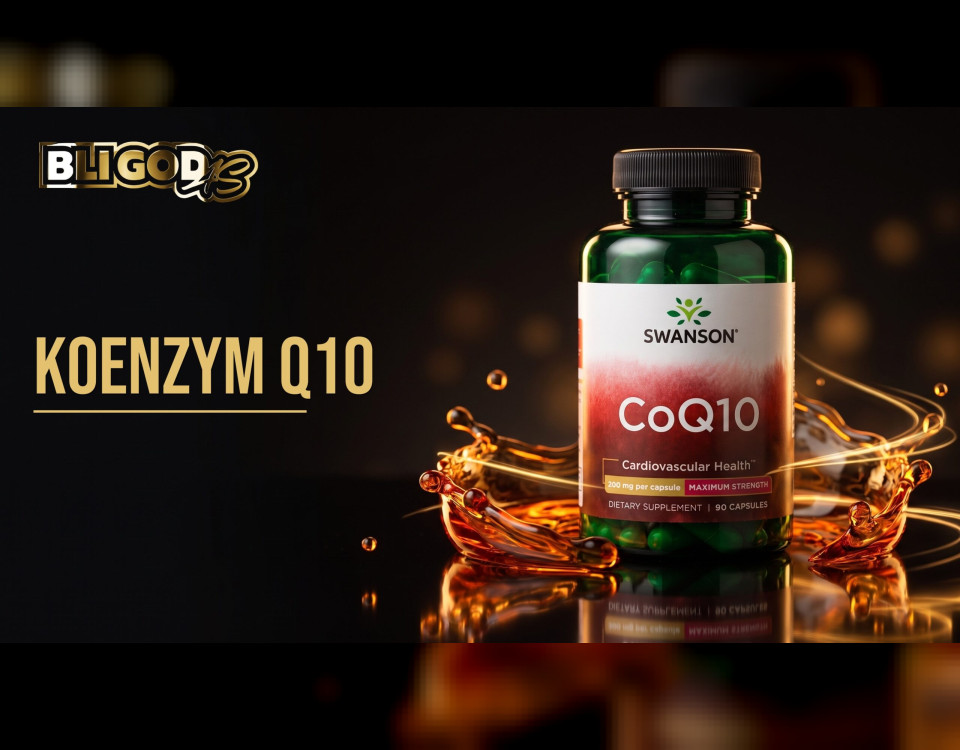 Bloggbanner fra Bli God med teksten «Koenzym Q10»: boks med Koenzym Q10 200 mg på et blankt, mørkt underlag med virvler av ravgul væske