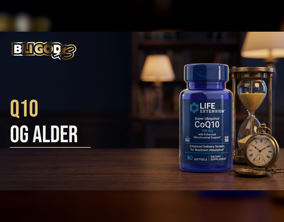 Bloggbanner fra Bli God med teksten «Q10 og alder»: Ubiquinol CoQ10 med shilajit på et mørkt skrivebord ved et timeglass og et lommeur
