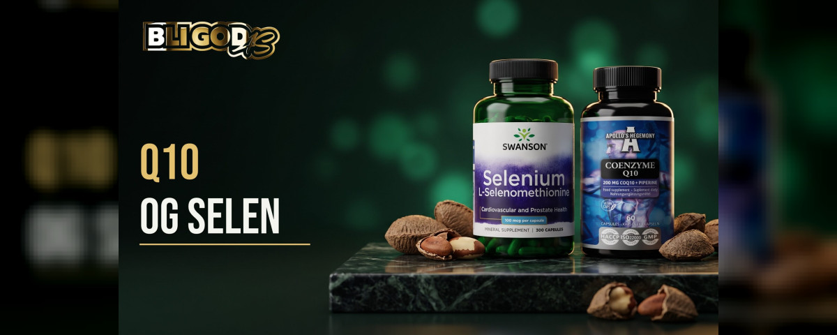 Bloggbanner fra Bli God med teksten «Q10 og selen»: Selen L-selenometionin og Koenzym Q10 med piperin side om side på grønn marmor med paranøtter