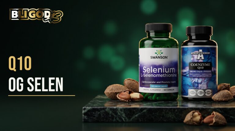 Bloggbanner fra Bli God med teksten «Q10 og selen»: Selen L-selenometionin og Koenzym Q10 med piperin side om side på grønn marmor med paranøtter