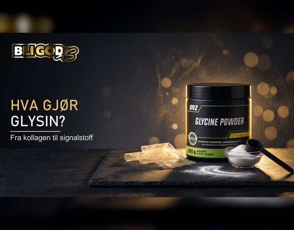 Glysinpulver fra MZ-STORE med gelatinplater og måleskje – Hva gjør glysin?